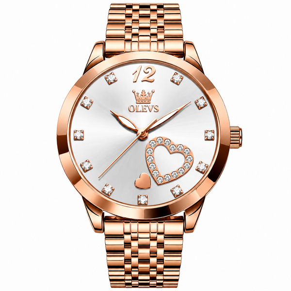 Montre femme OLEVS Amélie dorée rose avec cadran blanc et motif cœur