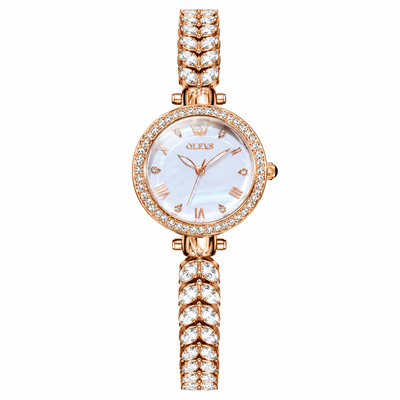 Montre femme OLEVS Brigitte blanche et dorée rose vue de face