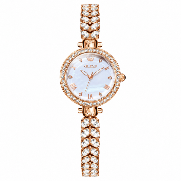 Montre femme OLEVS Brigitte blanche et dorée rose vue de face