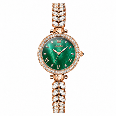 Montre femme OLEVS Brigitte verte et dorée rose vue de face sur fond blanc