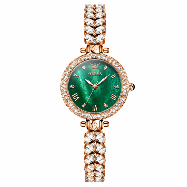 Montre femme OLEVS Brigitte verte et dorée rose vue de face sur fond blanc