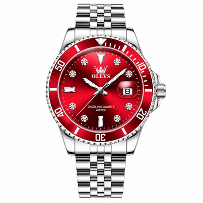 Montre homme OLEVS Provence rouge vue de face avec bracelet en acier argenté