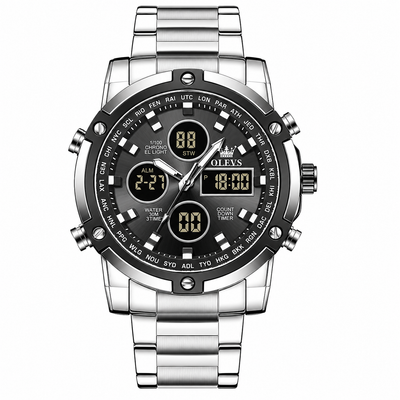 Montre homme Olevs Toulon argentée et noire avec affichages analogique et numérique