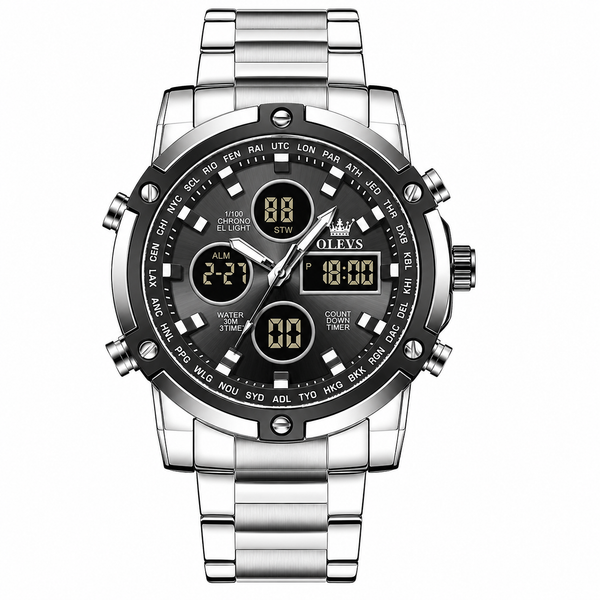 Montre homme Olevs Toulon argentée et noire avec affichages analogique et numérique