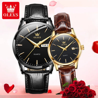 ***OLEVS 6898 COUPLE - TABLE OK***Watches Original Fashion Simple Waterproof Luminous Quartz Watch Leather Strap Date Wristwatch Couple Gifts