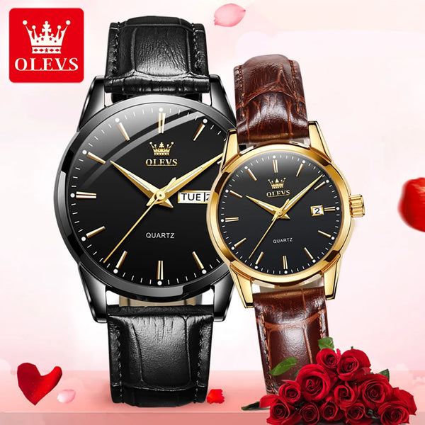 ***OLEVS 6898 COUPLE - TABLE OK***Watches Original Fashion Simple Waterproof Luminous Quartz Watch Leather Strap Date Wristwatch Couple Gifts