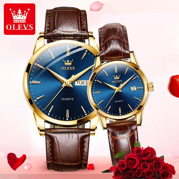 ***OLEVS 6898 COUPLE - TABLE OK***Watches Original Fashion Simple Waterproof Luminous Quartz Watch Leather Strap Date Wristwatch Couple Gifts