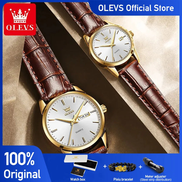 ***OLEVS 6898 COUPLE - TABLE OK***Watches Original Fashion Simple Waterproof Luminous Quartz Watch Leather Strap Date Wristwatch Couple Gifts