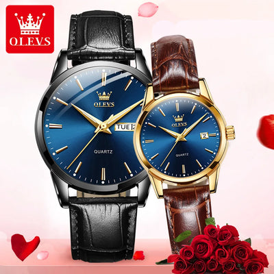 ***OLEVS 6898 COUPLE - TABLE OK***Watches Original Fashion Simple Waterproof Luminous Quartz Watch Leather Strap Date Wristwatch Couple Gifts