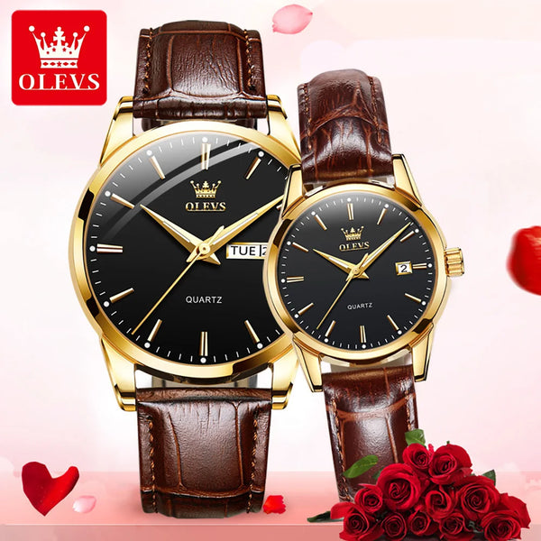 ***OLEVS 6898 COUPLE - TABLE OK***Watches Original Fashion Simple Waterproof Luminous Quartz Watch Leather Strap Date Wristwatch Couple Gifts