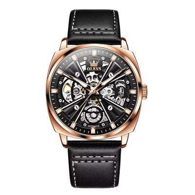 Montre automatique Olevs Montbrun à boîtier doré rose, cadran squelette et bracelet cuir noir