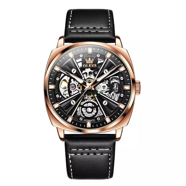 Montre automatique Olevs Montbrun à boîtier doré rose, cadran squelette et bracelet cuir noir