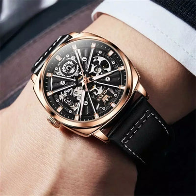Montre Olevs Montbrun automatique dorée rose portée au poignet