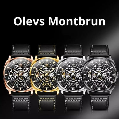 Quatre finitions de la montre automatique Olevs Montbrun avec bracelet en cuir noir