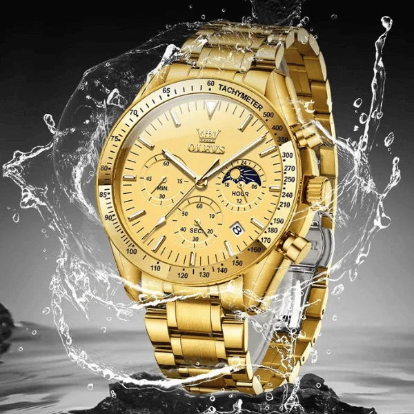 Montre chronographe homme Amiens dorée vue d'ensemble OLEVS