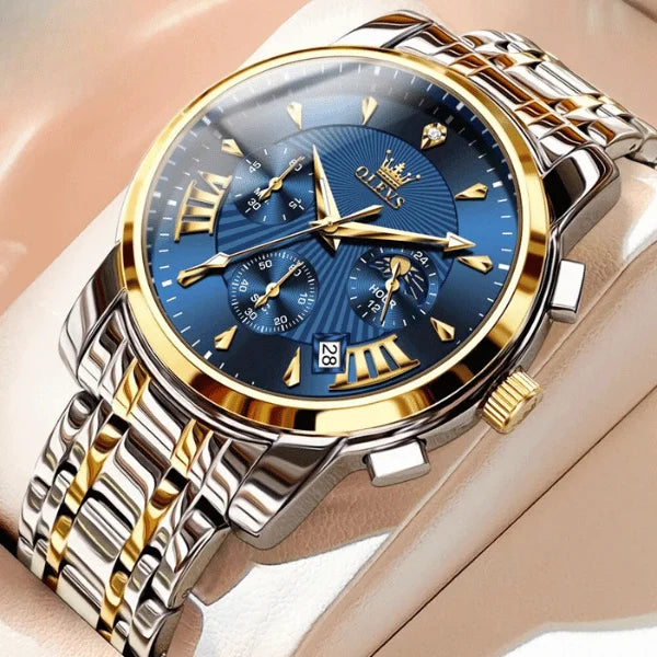 Montre chronographe homme Biarritz bleue dorée boîtier acier