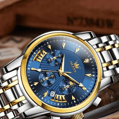 Profil boîtier acier montre chronographe Biarritz bleue dorée
