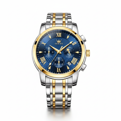 Montre chronographe homme Biarritz bleue et dorée vue de face OLEVS