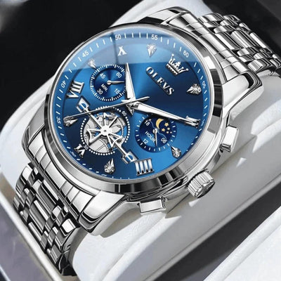 Montre chronographe OLEVS Grenoble bleue présentée sur un coussin
