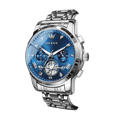 Montre homme OLEVS Grenoble bleue en vue trois quarts sur fond blanc