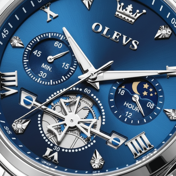 Gros plan sur le cadran bleu de la montre chronographe OLEVS Grenoble