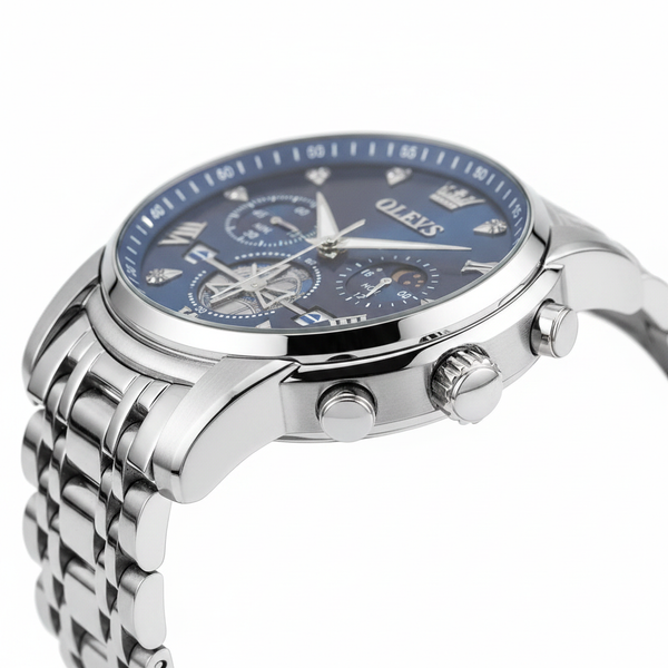 Profil boîtier acier montre chronographe Grenoble bleue