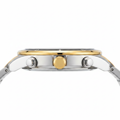 Profil boîtier acier montre chronographe Grenoble tricolore