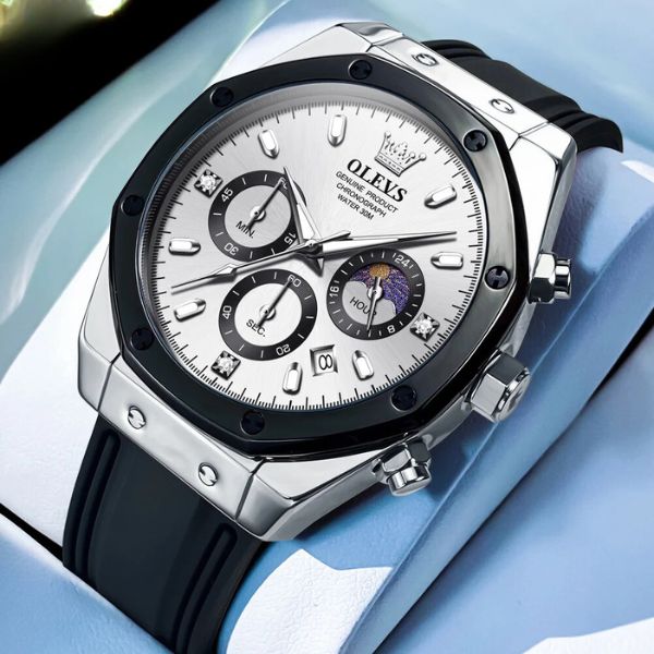 Montre chronographe homme Menton blanche argentée bracelet silicone