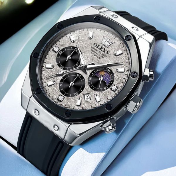 Montre chronographe homme Menton grise argentée bracelet silicone