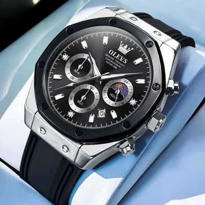 Montre chronographe homme Menton noire argentée vue rapprochée