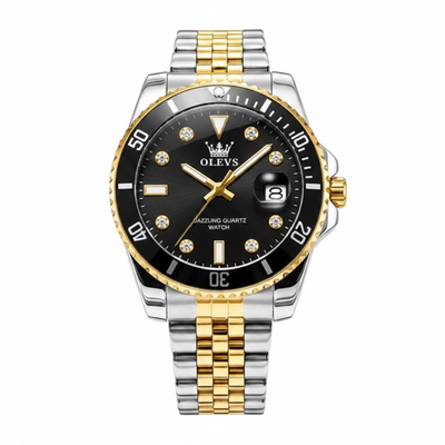 Montre homme OLEVS Provence noire et dorée vue de face sur fond blanc