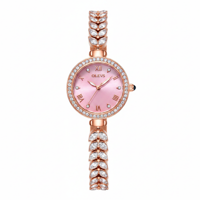 Montre femme OLEVS Brigitte rose vue de face avec bracelet doré rose