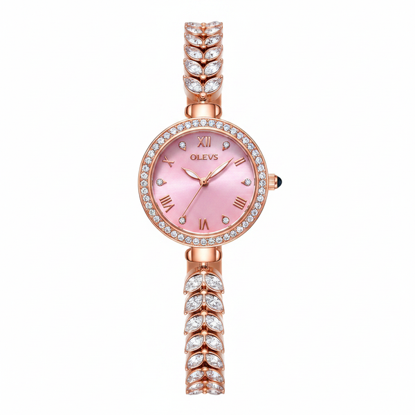 Montre femme OLEVS Brigitte rose vue de face avec bracelet doré rose