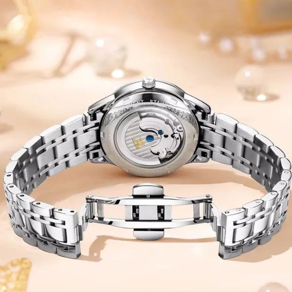 Fond transparent du boîtier et fermoir du bracelet, montre OLEVS Charlotte