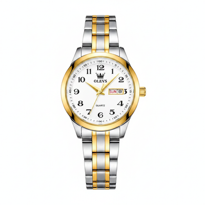 Montre femme OLEVS Colette blanche avec bracelet acier bicolore sur fond blanc