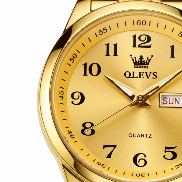 Gros plan sur le cadran doré avec affichage jour-date de la montre OLEVS Colette