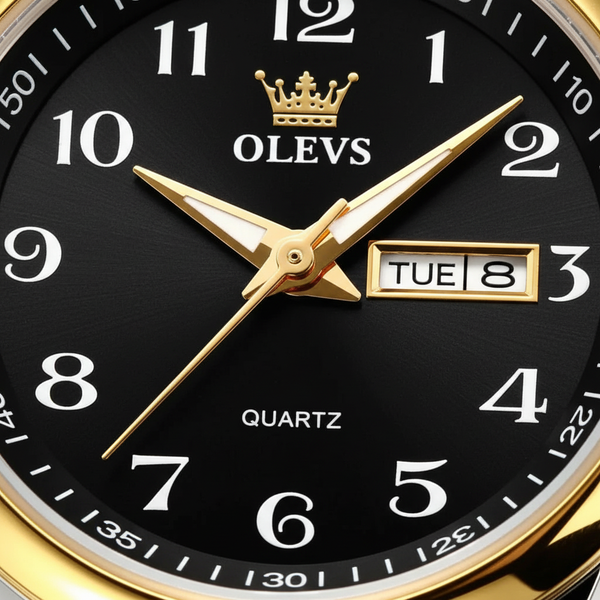 Gros plan sur le cadran noir avec affichage jour-date de la montre OLEVS Colette