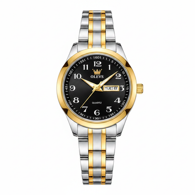 Montre femme OLEVS Colette noire avec bracelet acier bicolore sur fond blanc