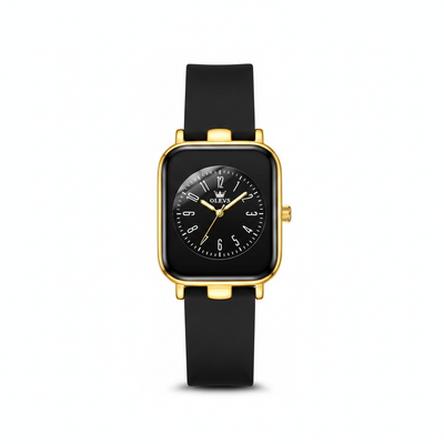 Montre femme OLEVS Diane noire et dorée vue de face sur fond blanc