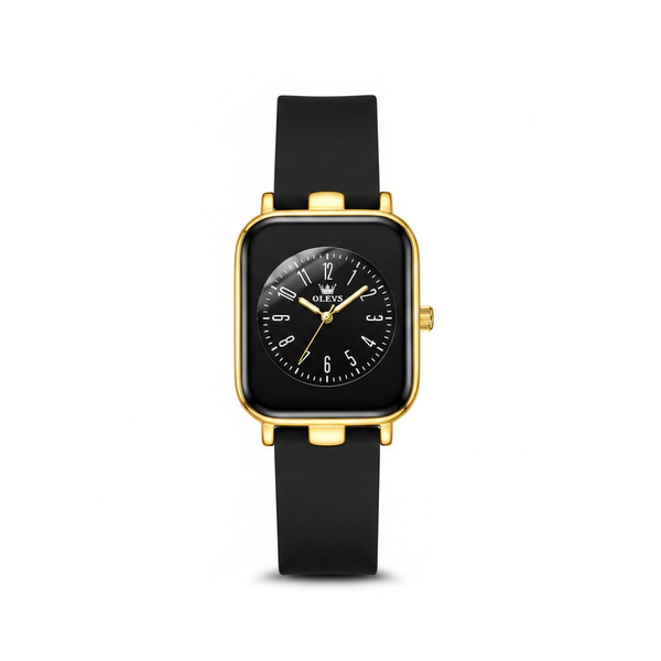 Montre femme OLEVS Diane noire et dorée vue de face sur fond blanc