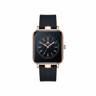 Montre femme OLEVS Diane noire et dorée rose vue de face sur fond blanc