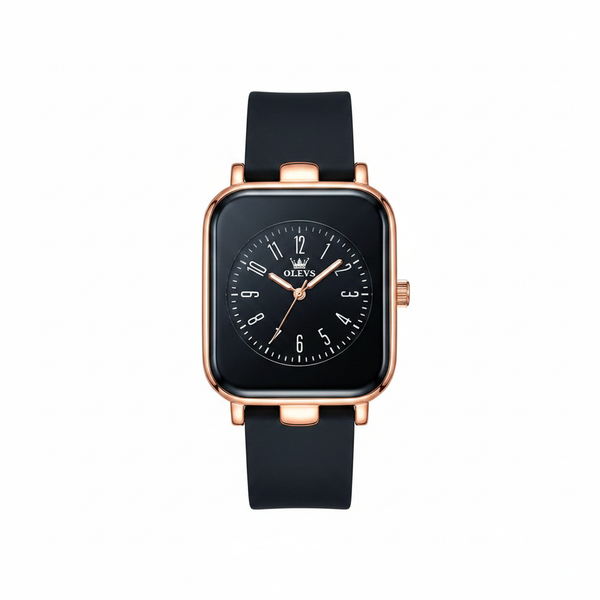 Montre femme OLEVS Diane noire et dorée rose vue de face sur fond blanc