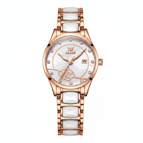Montre femme OLEVS Giselle blanche et dorée rose vue de face sur fond blanc
