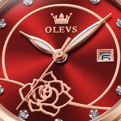 Gros plan sur le cadran rouge à motif floral de la montre OLEVS Giselle