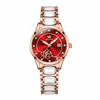 Montre femme OLEVS Giselle rouge et dorée rose vue de face sur fond blanc