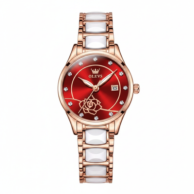 Montre femme OLEVS Giselle rouge et dorée rose vue de face sur fond blanc