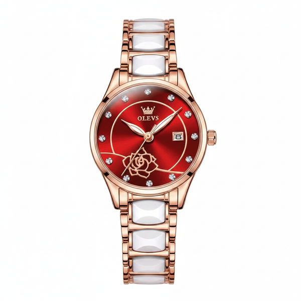 Montre femme OLEVS Giselle rouge et dorée rose vue de face sur fond blanc