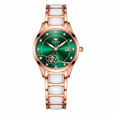 Montre femme OLEVS Giselle verte et dorée rose vue de face sur fond blanc