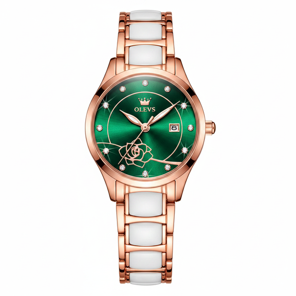 Montre femme OLEVS Giselle verte et dorée rose vue de face sur fond blanc