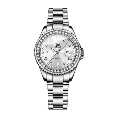 Montre Olevs Apolline argentée à cadran blanc, vue de face sur fond blanc